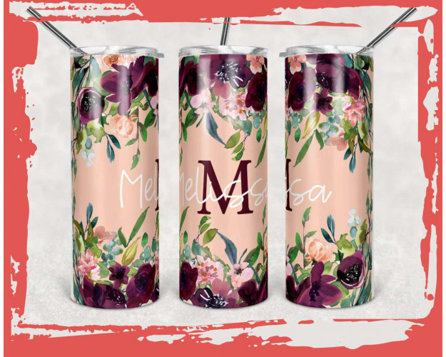 Tumbler Template PNG Floral Peach and Maroon 20oz Skinny