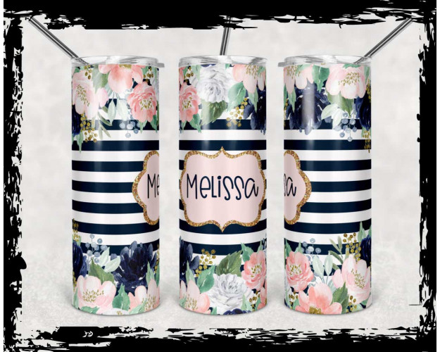 Tumbler Template PNG Striped Navy Floral 20oz Skinny