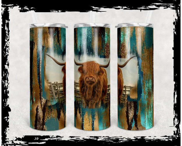 Tumbler Template PNG Bull Cow Teal and Gold Brush Strokes 20oz Skinny