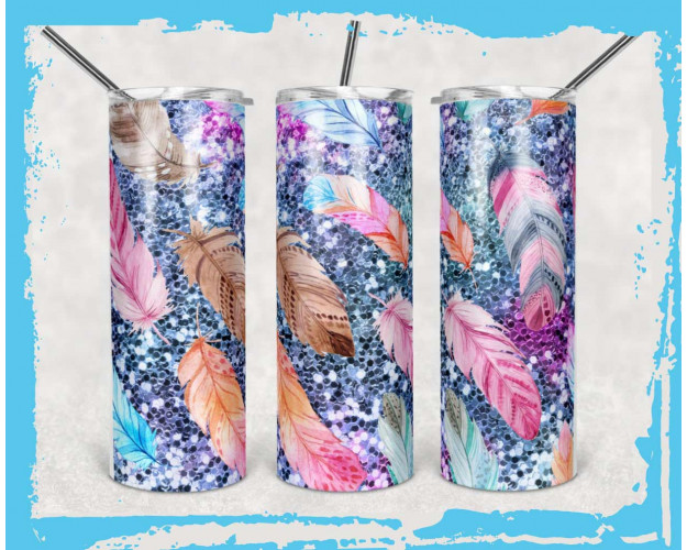 Tumbler Template PNG Glitter Feather 20oz Skinny