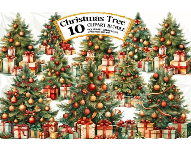 Watercolor Christmas Tree Clipart, Artistic holiday creations, High-quality clipart, Festive charm
